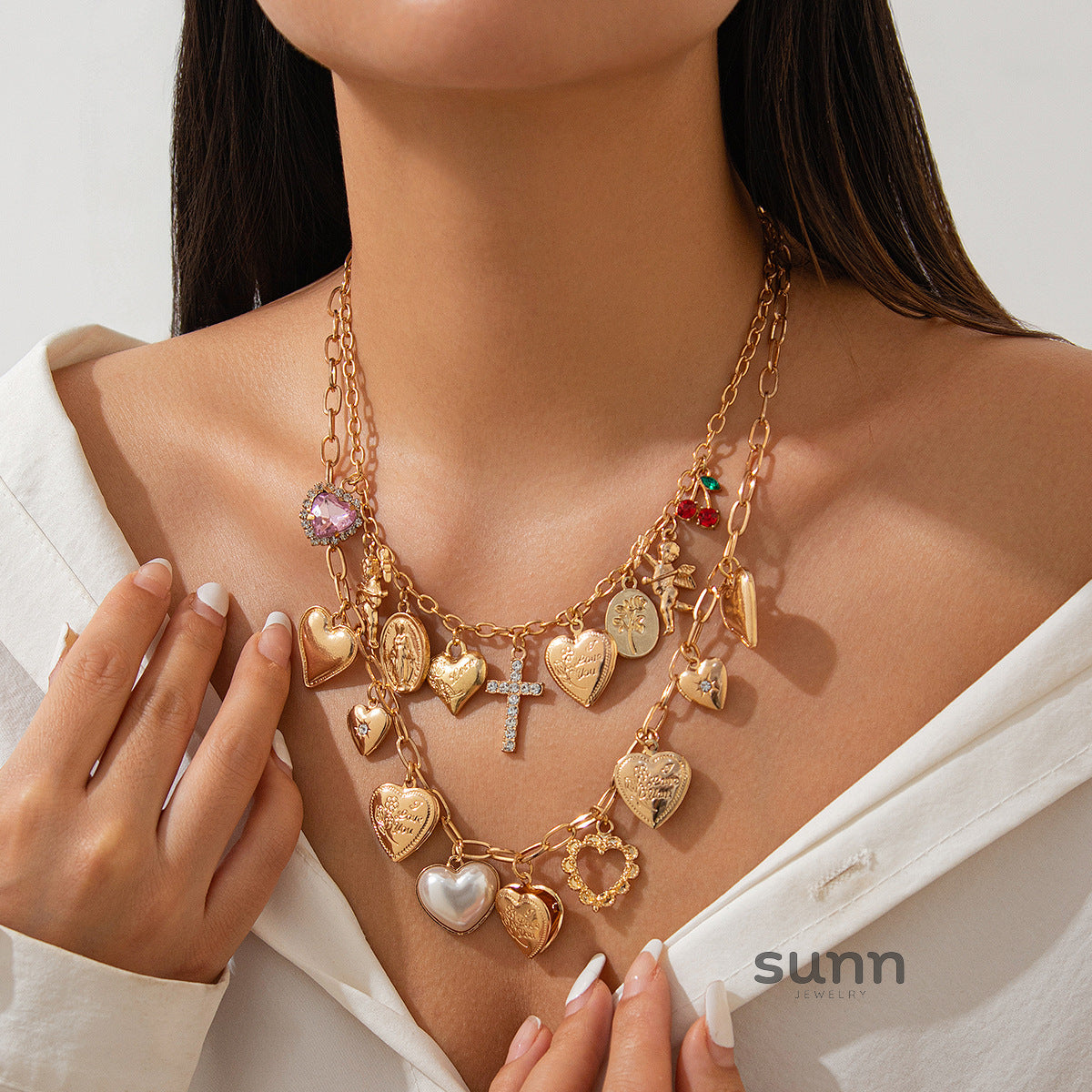 Ellena Layered Pearl Heart Cross Necklace [5VESDIAX]