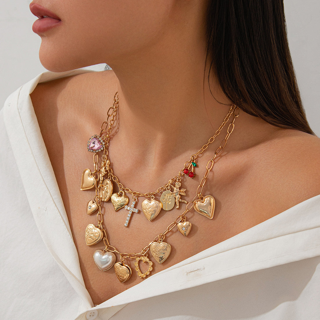 Ellena Layered Pearl Heart Cross Necklace [3O76JEC0]