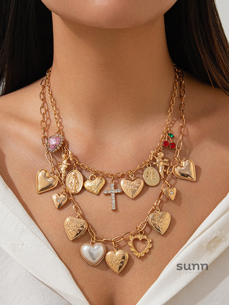 Ellena Layered Pearl Heart Cross Necklace [6744TI2T]