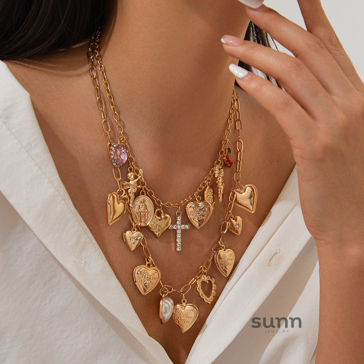 Ellena Layered Pearl Heart Cross Necklace [PLGDV58D]