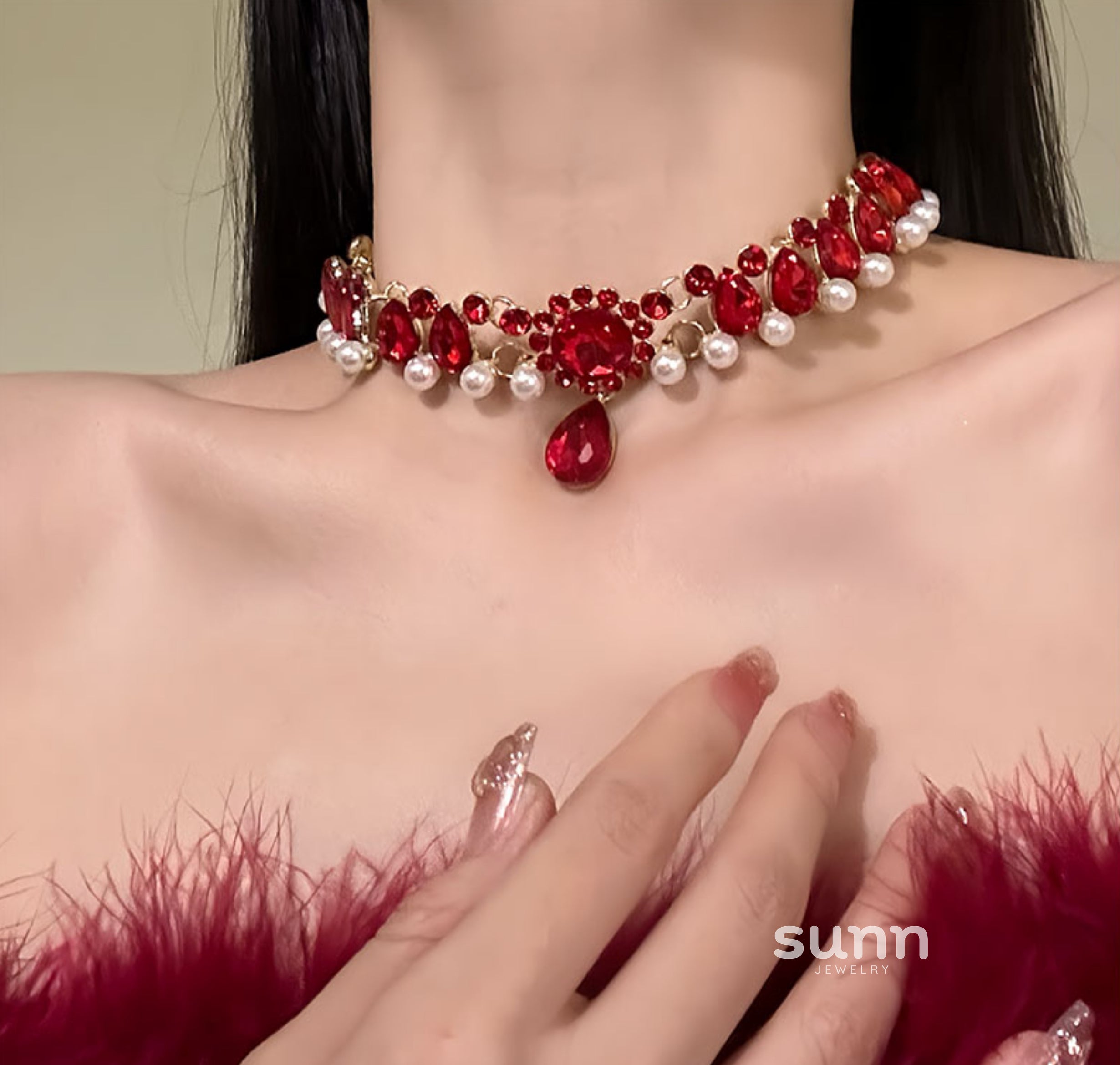 Emilly Red Crystal Pearl Choker [Z8N66I0N]