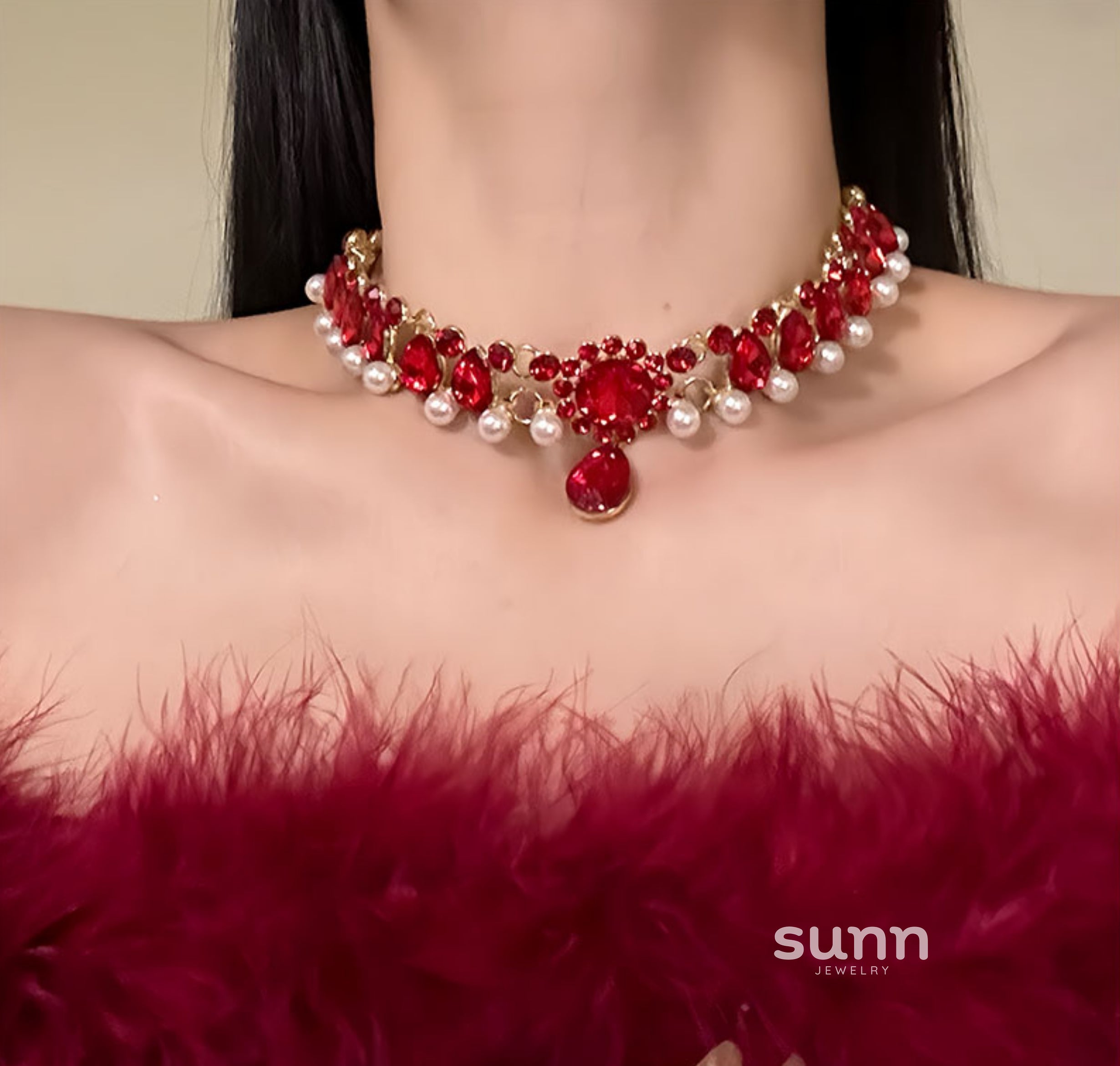 Emilly Red Crystal Pearl Choker [WXE4X0K9]