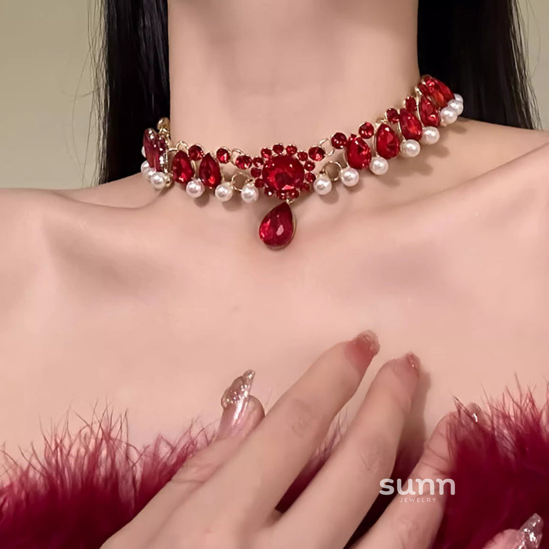 Emilly Red Crystal Pearl Choker [75UGG547]