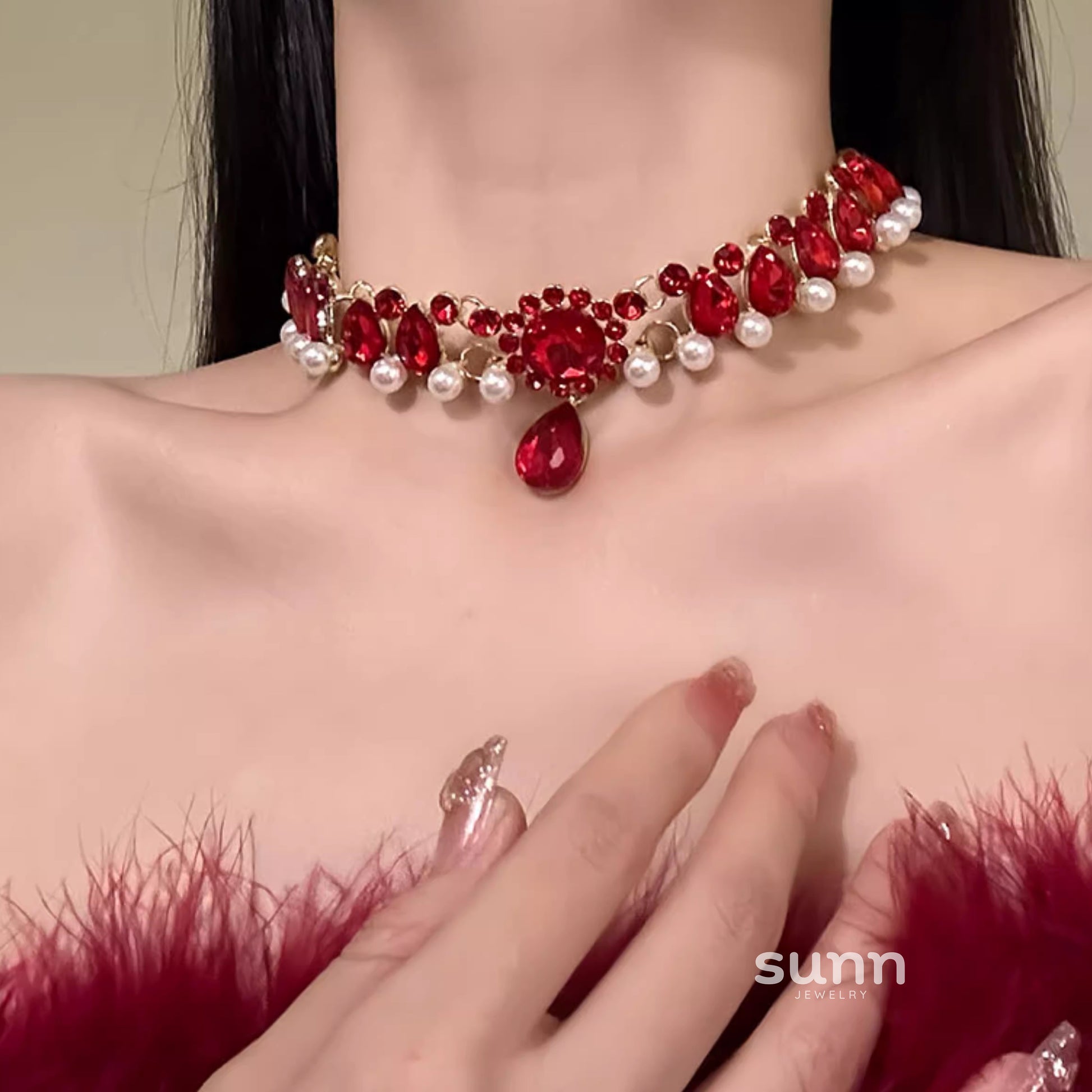 Emilly Red Crystal Pearl Choker [PNRI4EIF]