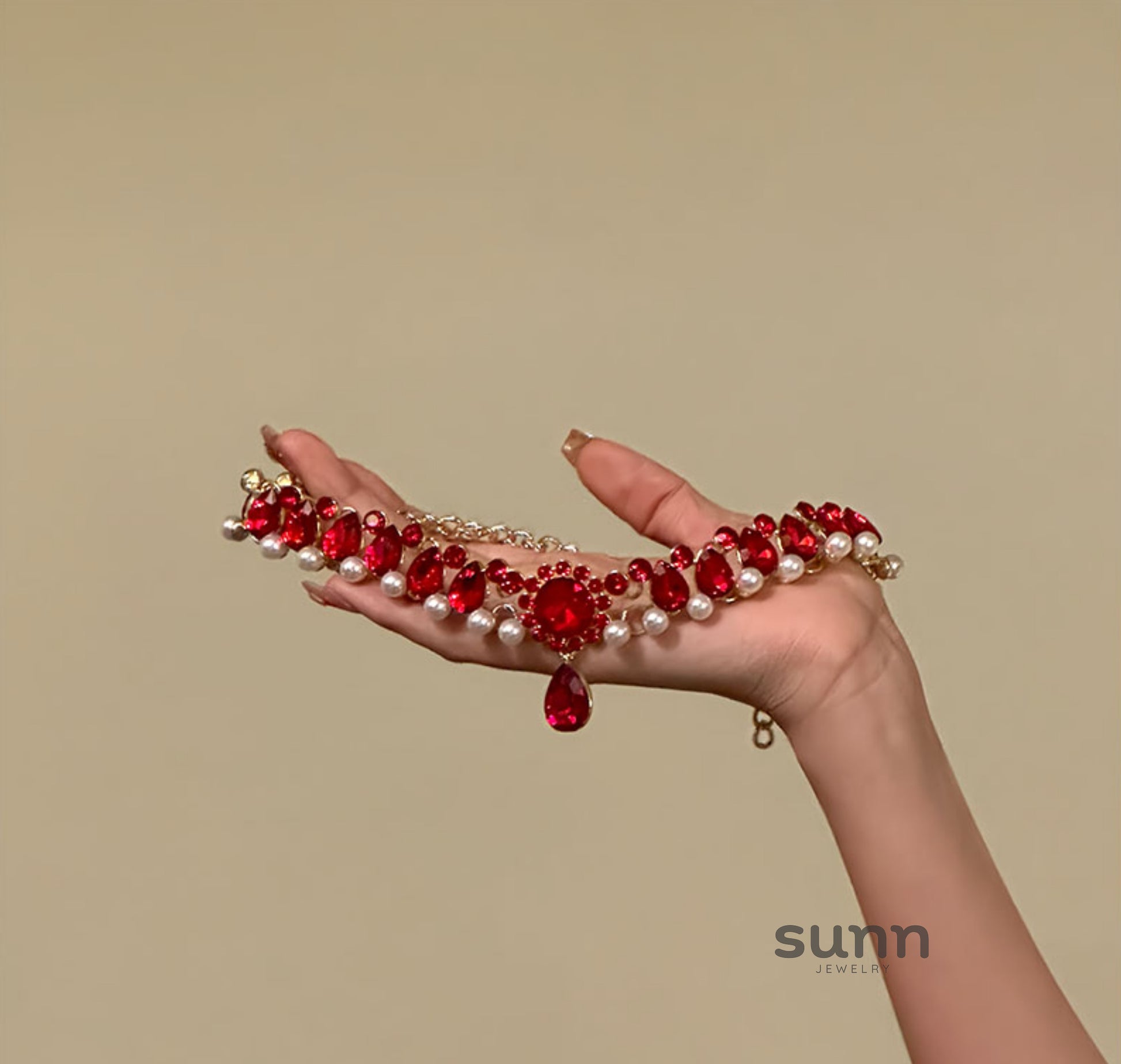 Emilly Red Crystal Pearl Choker [KOTUFKX8]
