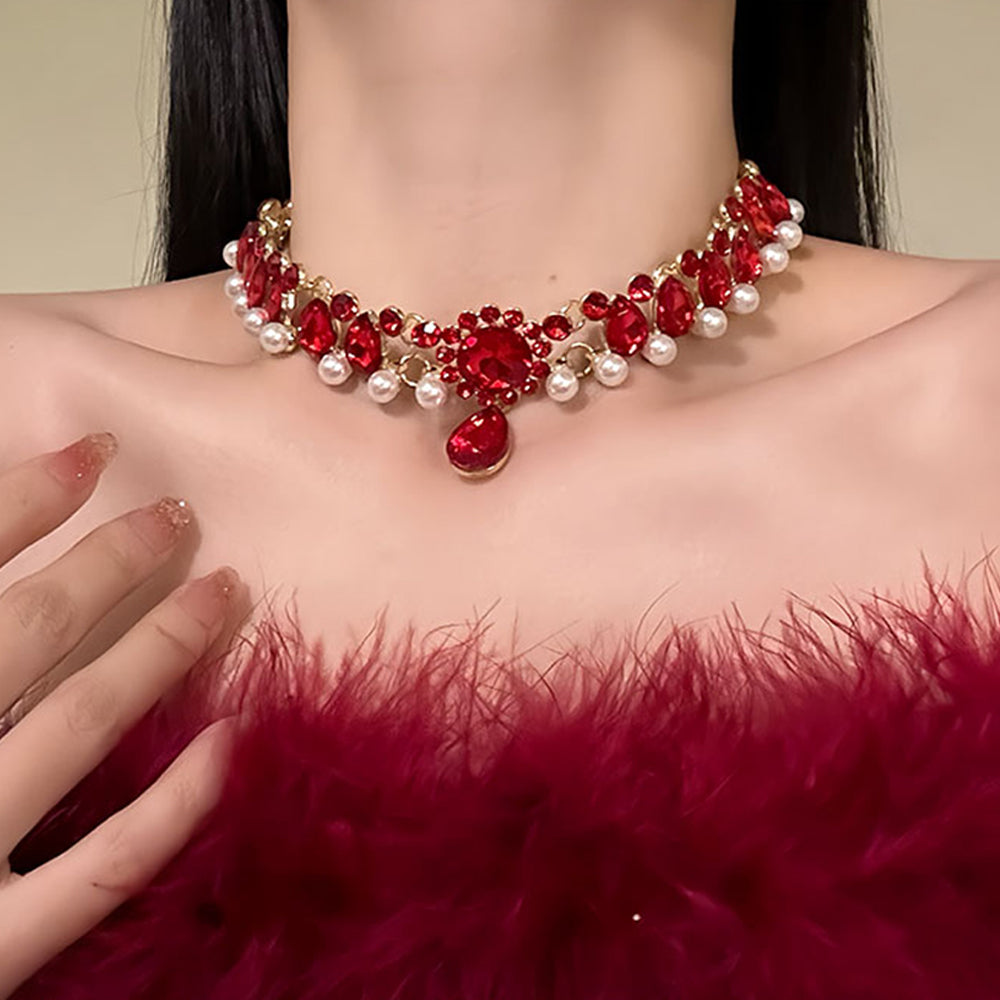 Emilly Red Crystal Pearl Choker [75UGG547]
