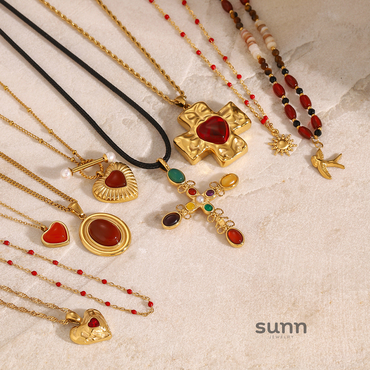 Etta Layered Heart Cross Necklace [3M76VPPN]