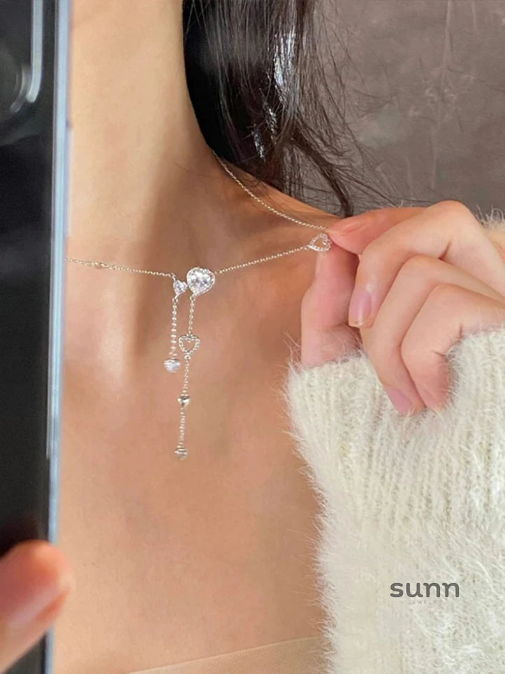 Evyn Sparkling Heart Tassel Necklace