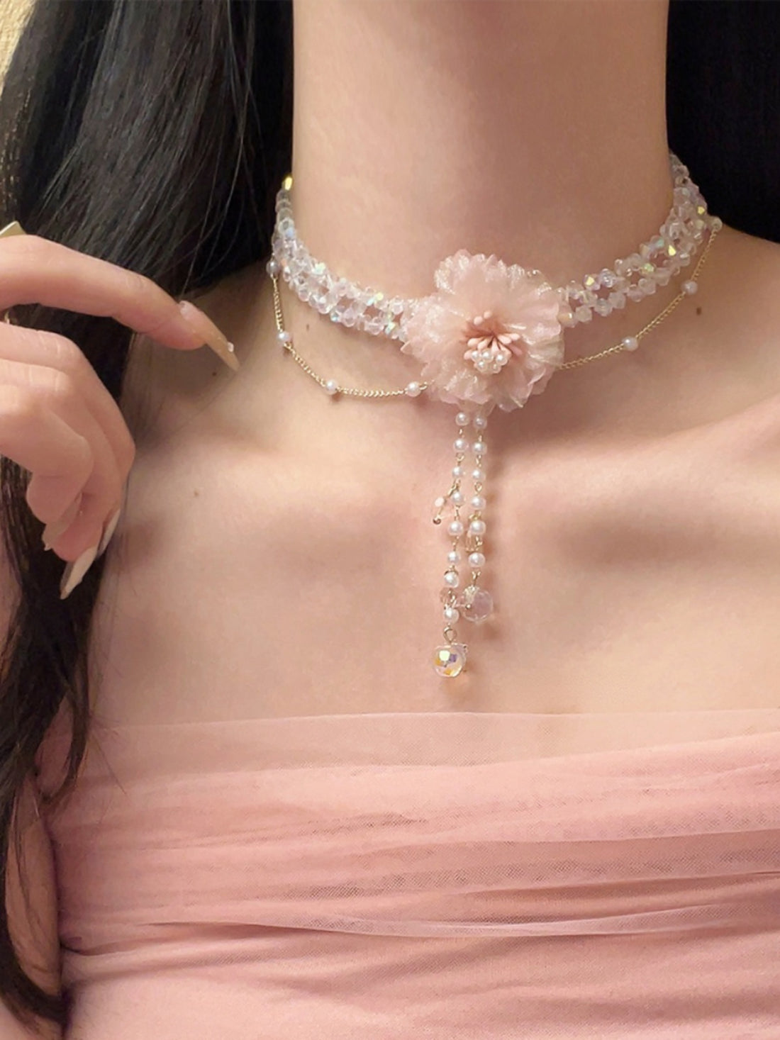 Freyja Crystal Mesh Pearl Necklace Set [BTJ931N0]