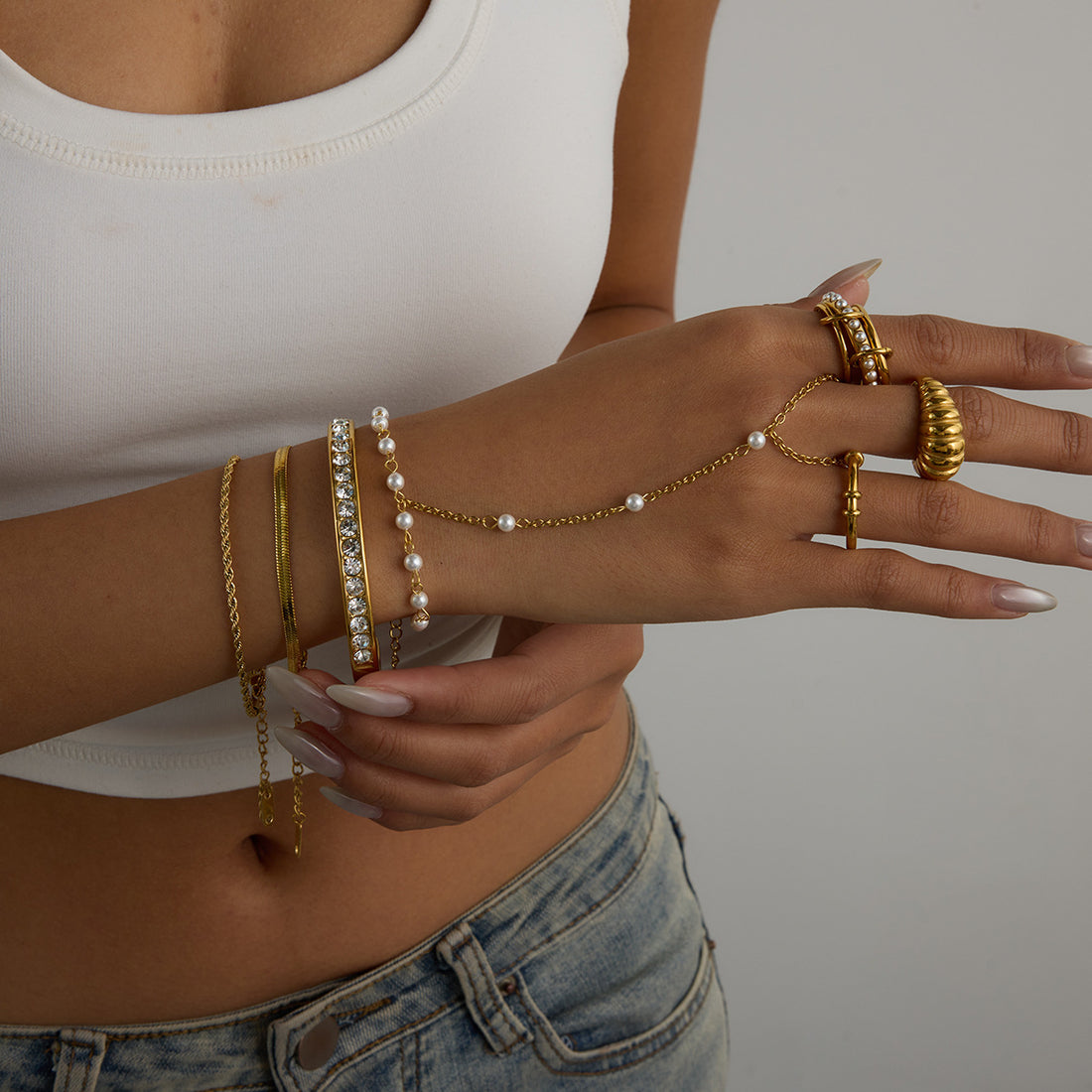 Graysen Pearl Diamond Bracelet Ring Set [7B77APL4]
