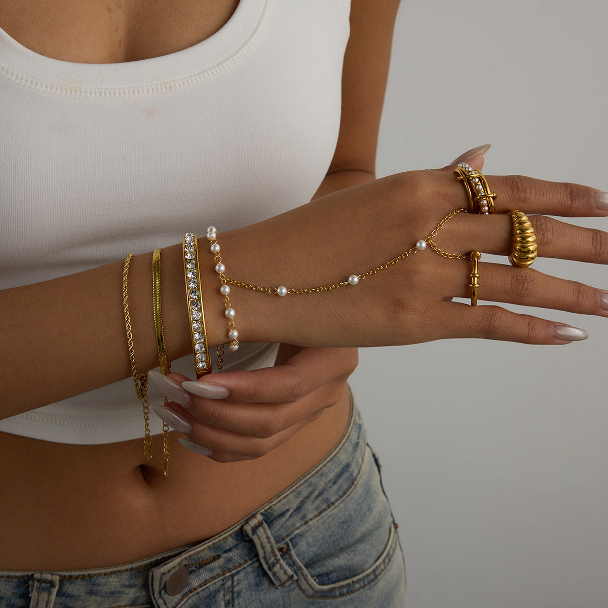 Graysen Pearl Diamond Bracelet Ring Set [7B77APL4]