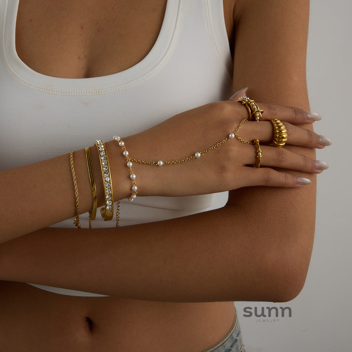 Graysen Pearl Diamond Bracelet Ring Set [FHMG4EB7]
