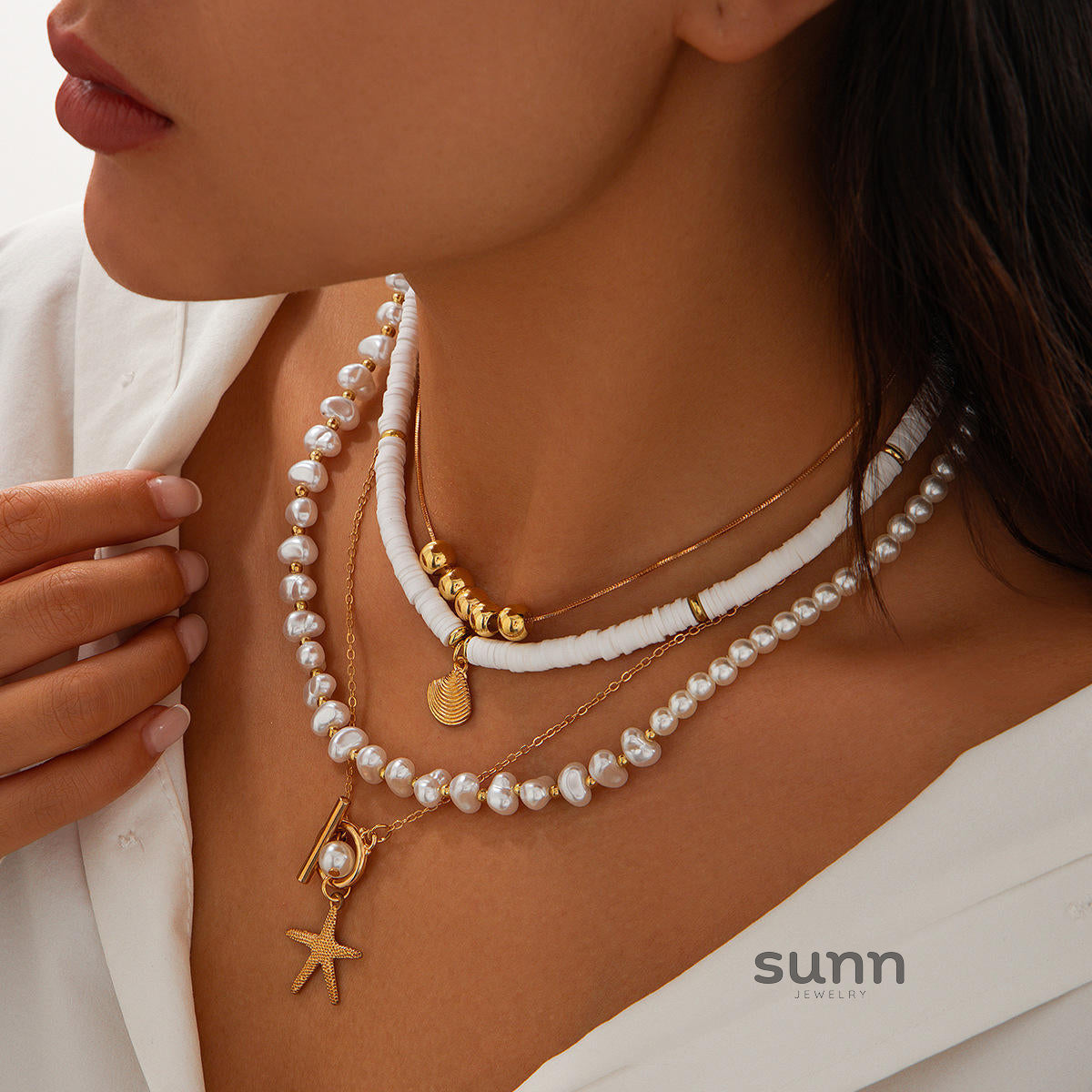 Hadley Layered Pearl Starfish Necklace [6D2WJEWN]
