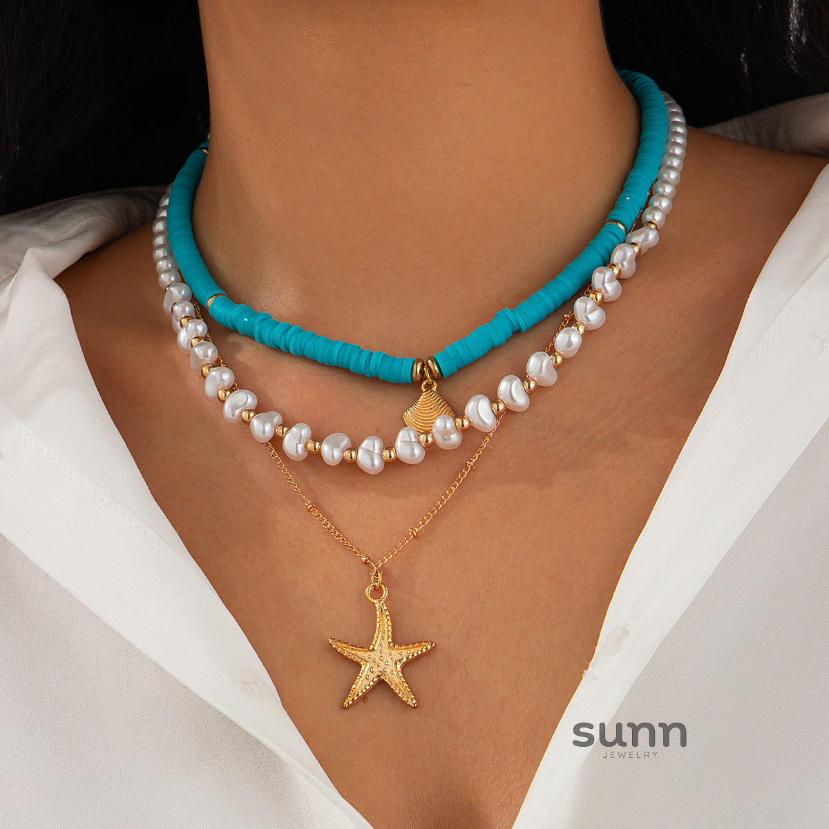 Hadley Layered Pearl Starfish Necklace [ABI3LHRD]