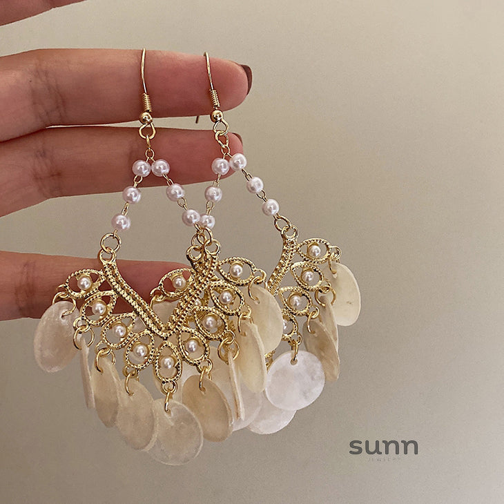 Halima Golden Shell Tassel Earrings [9NKF4EHQ]