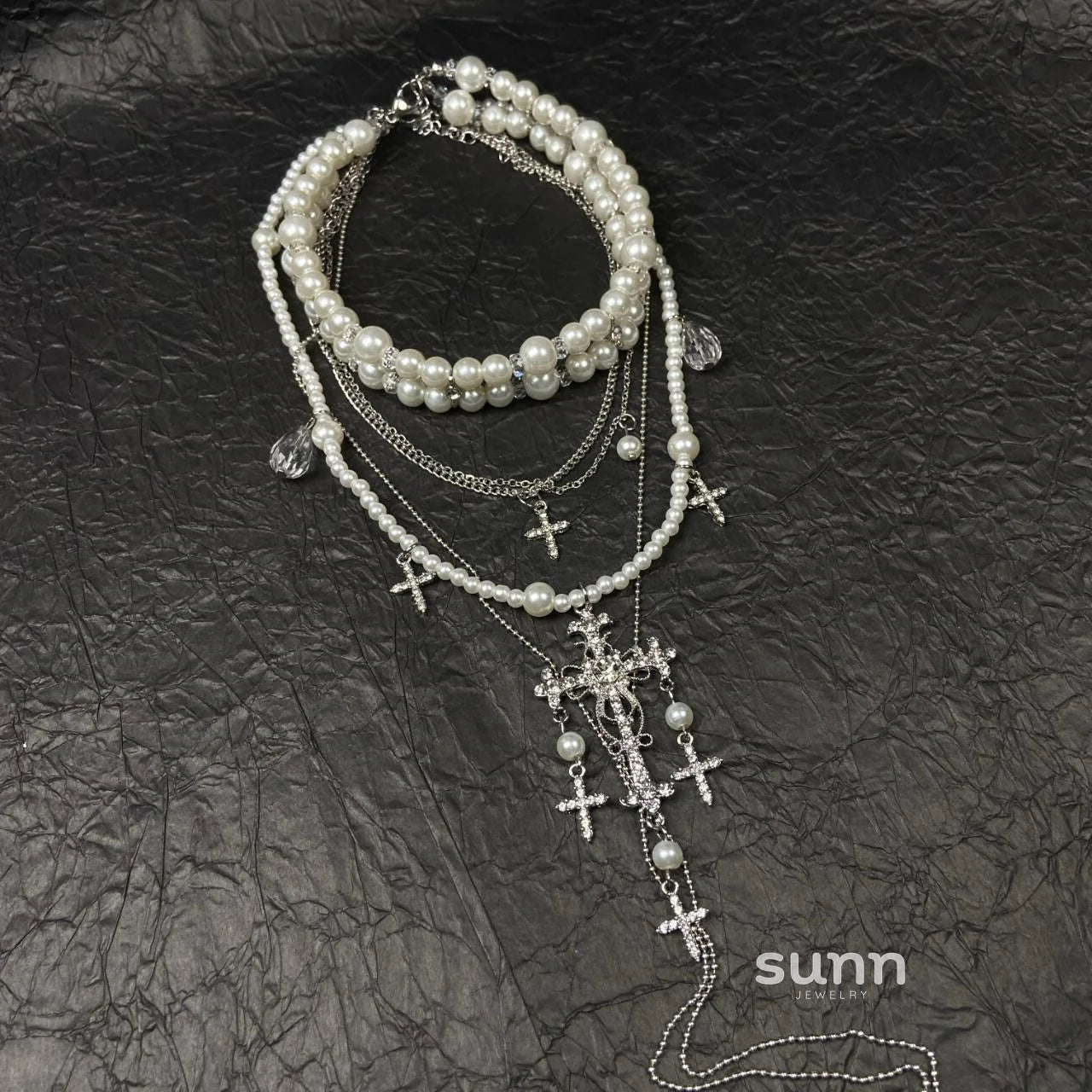 Isabelle Layered Pearl Cross Necklace