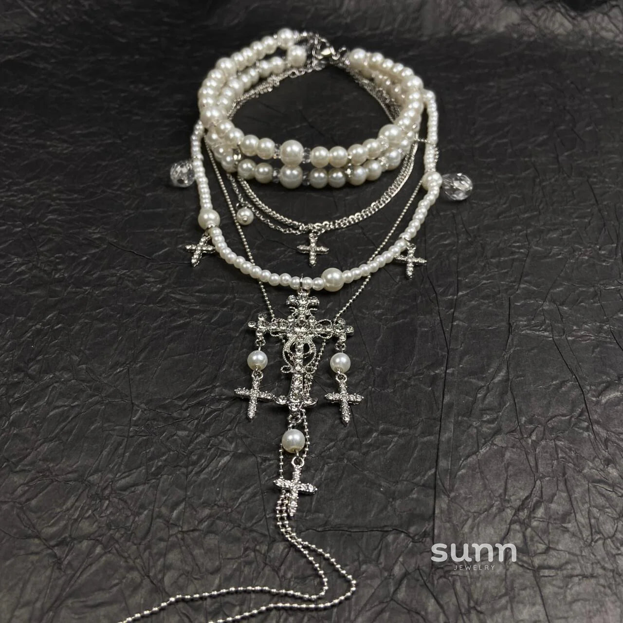 Isabelle Layered Pearl Cross Necklace