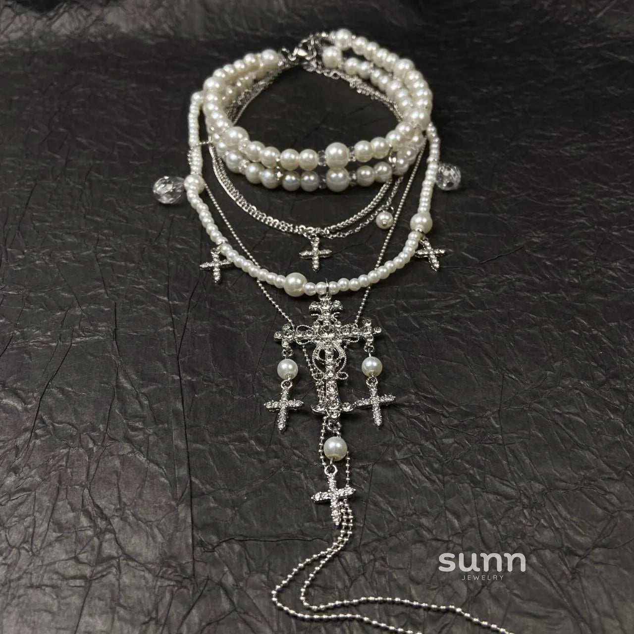 Isabelle Layered Pearl Cross Necklace