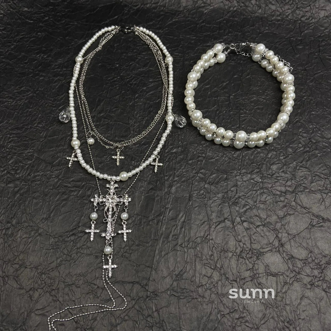 Isabelle Layered Pearl Cross Necklace