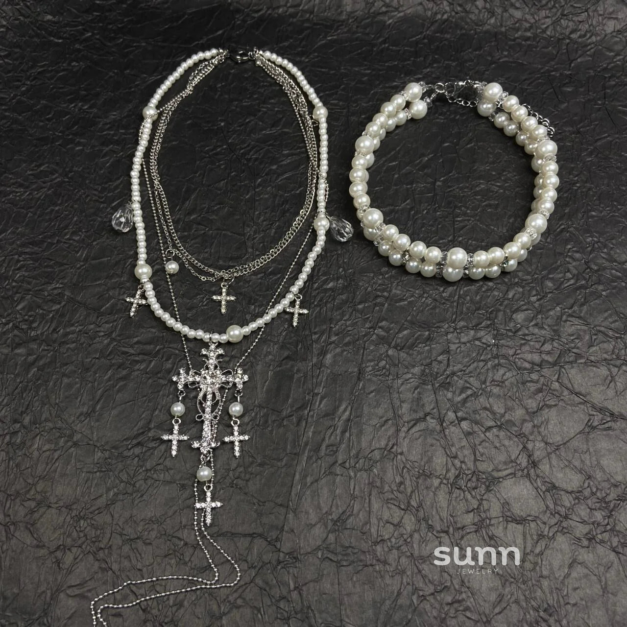 Isabelle Layered Pearl Cross Necklace