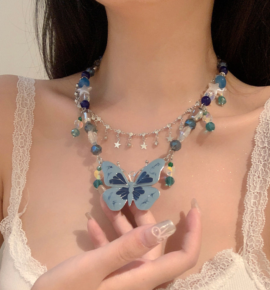 Jael Blue Beaded Butterfly Necklace [KFVXB38M]