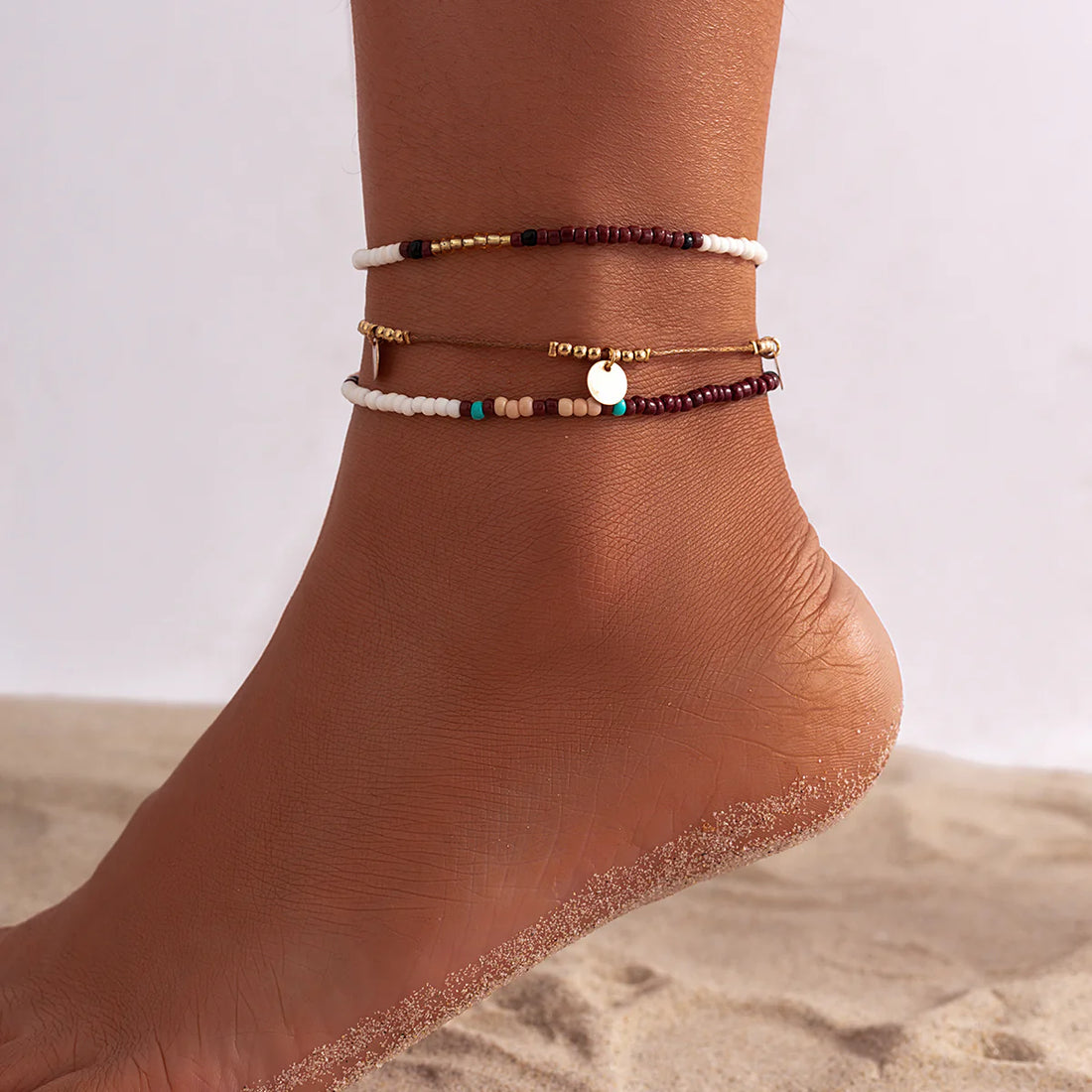 Jaeleigh Asymmetric Beaded Anklet Set