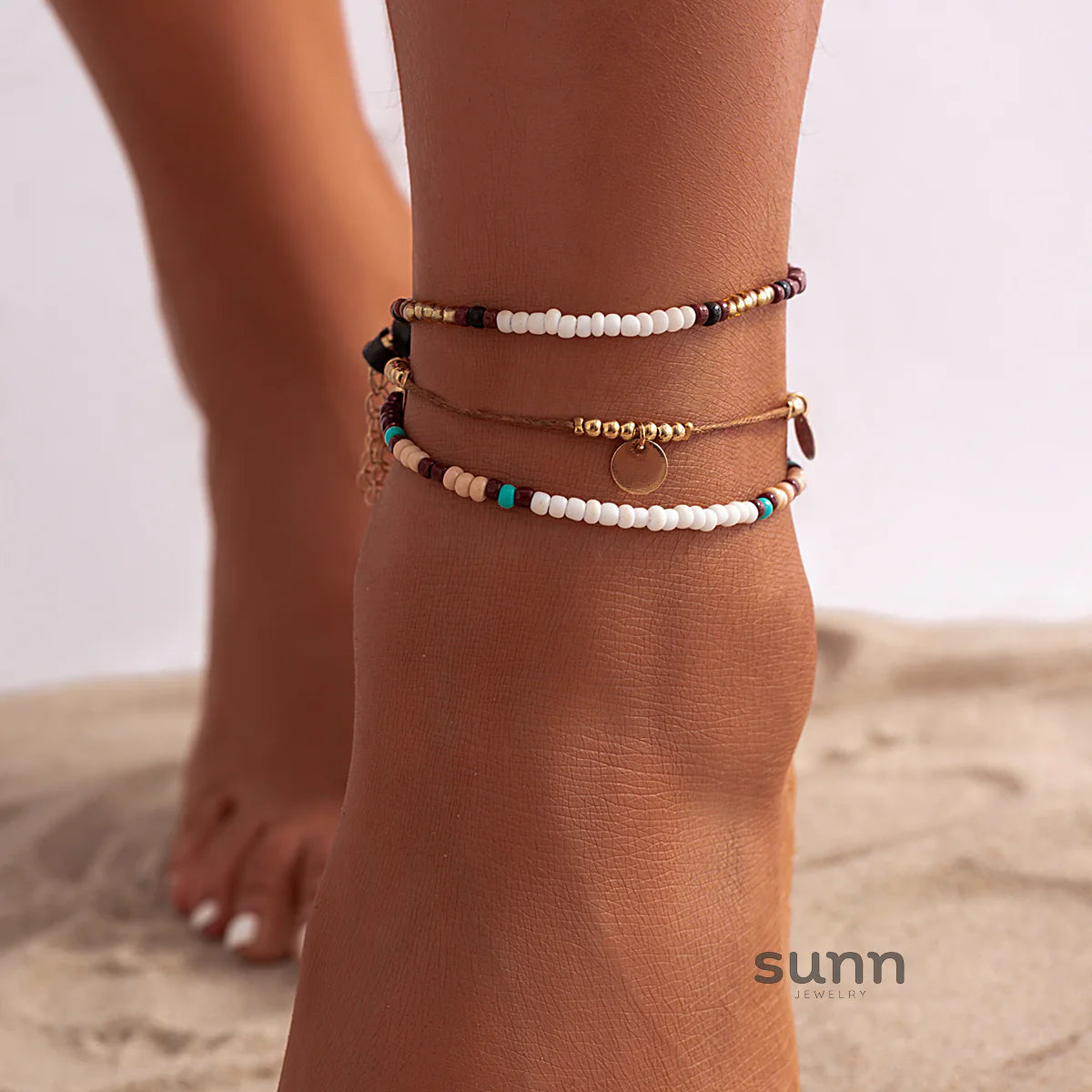 Jaeleigh Asymmetric Beaded Anklet Set