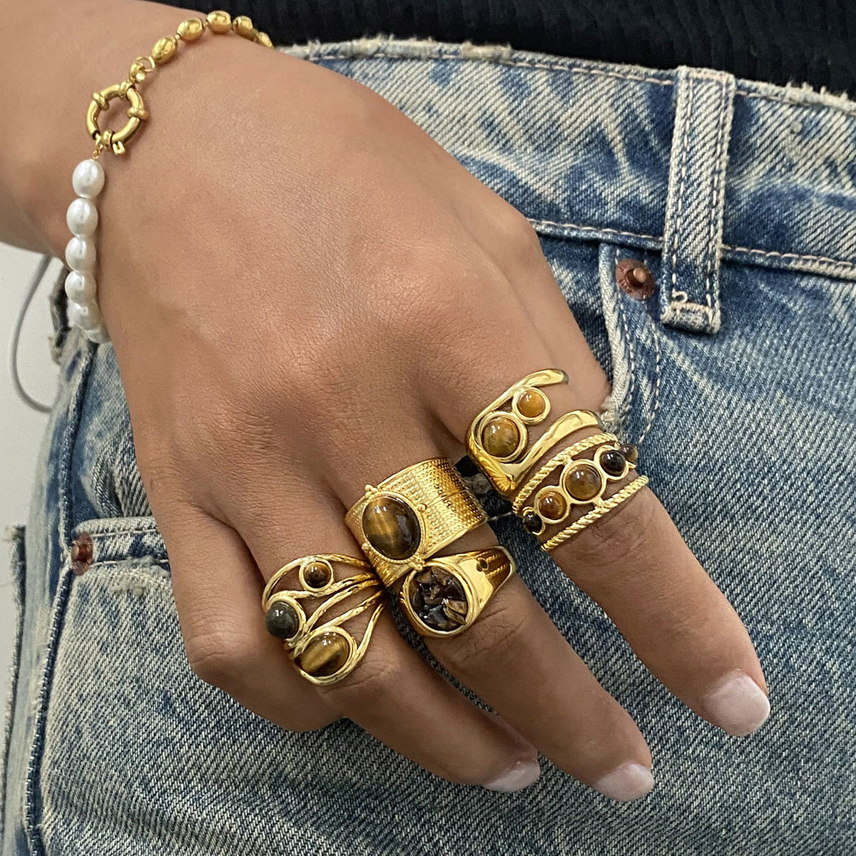 Jana Natural Stone & Steel Rings [9C2YD6H9]