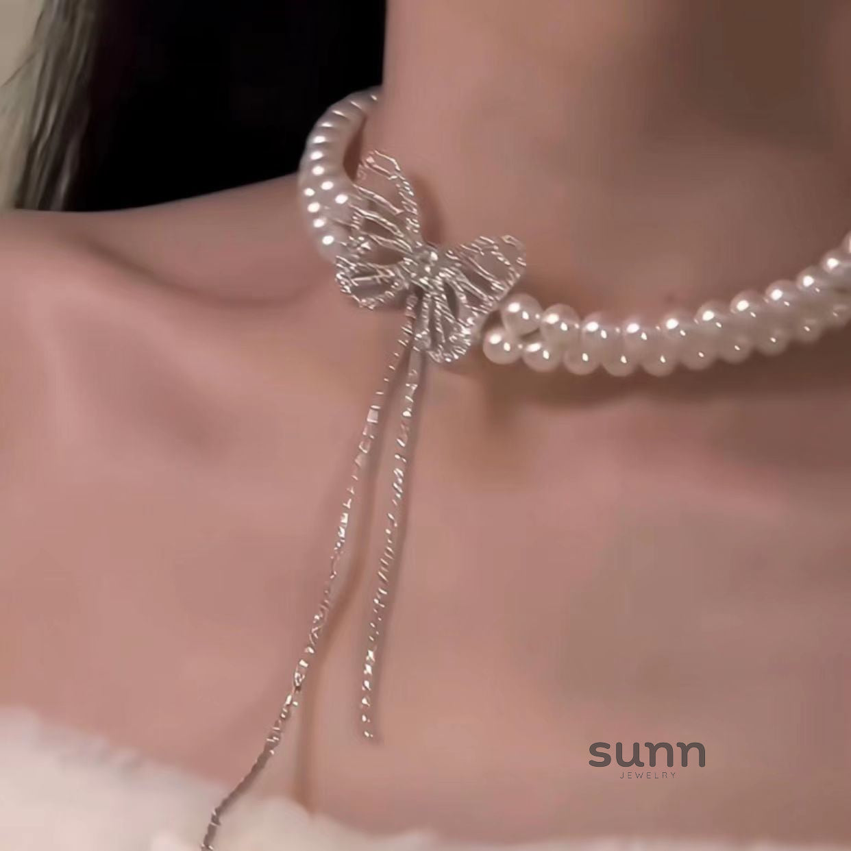 Janice Double Pearl Butterfly Necklace [QD28Y3CC]
