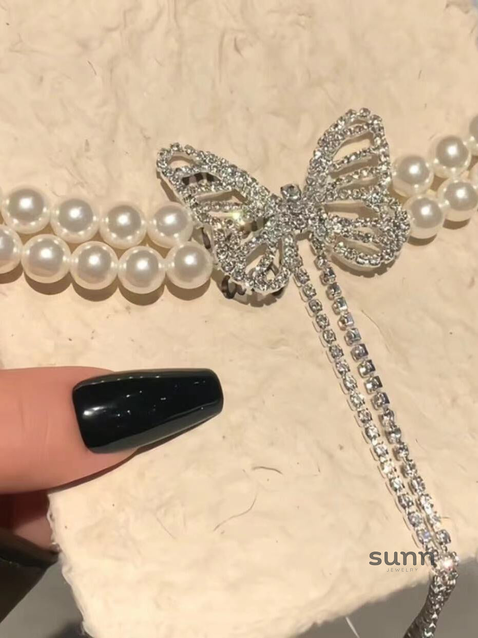 Janice Double Pearl Butterfly Necklace [NXFF6MKE]