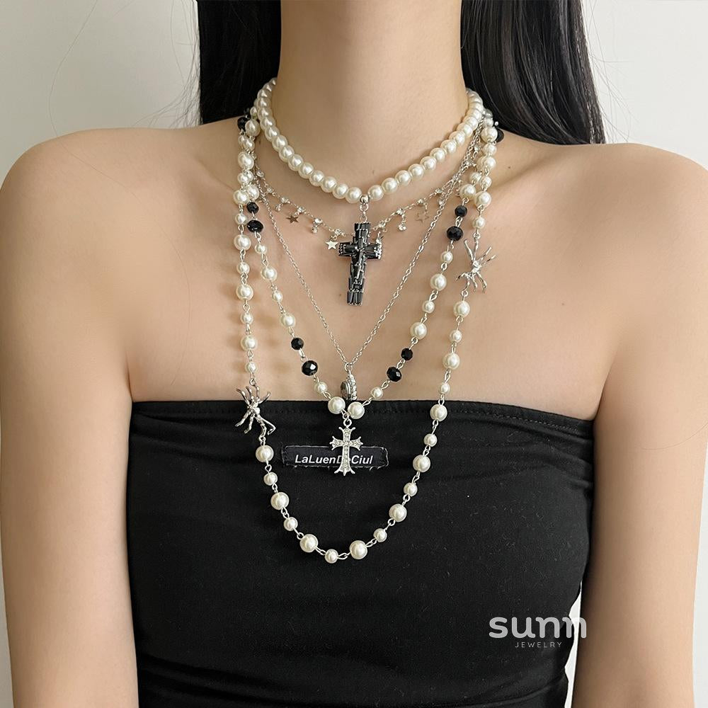 Jaylin Multi-Layered Cross Pearl Necklace [NO7B7F0Z]