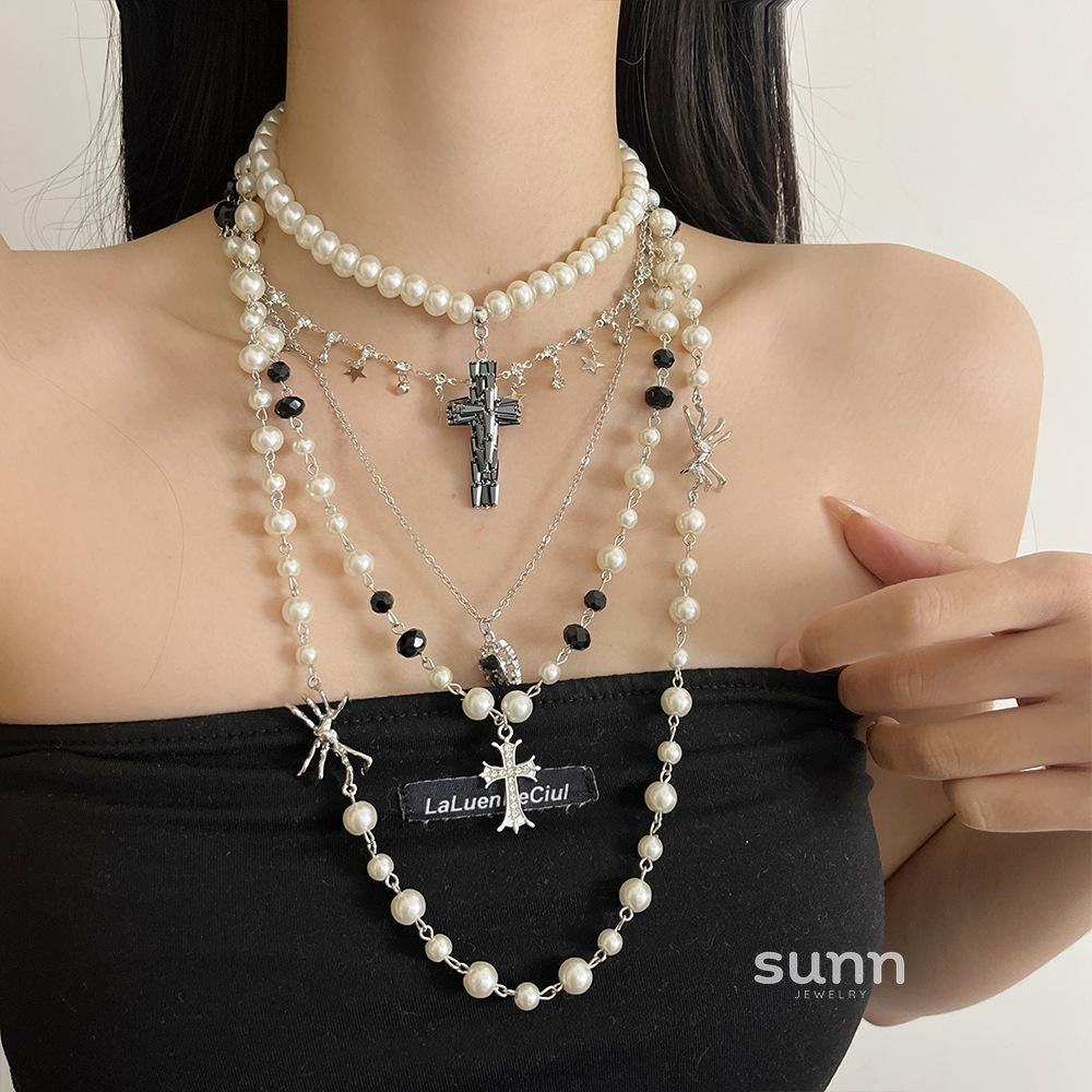 Jaylin Multi-Layered Cross Pearl Necklace [04QVVG6M]