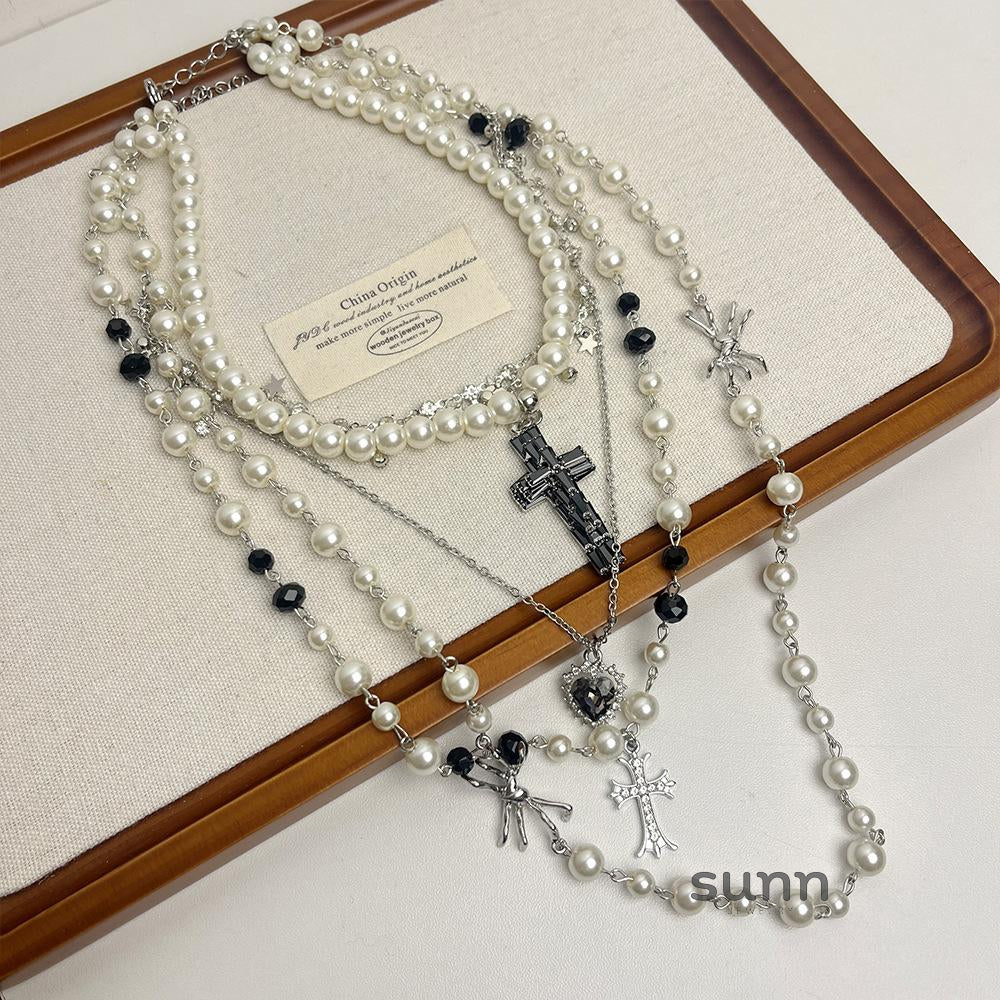 Jaylin Multi-Layered Cross Pearl Necklace [1Y7BFAP6]
