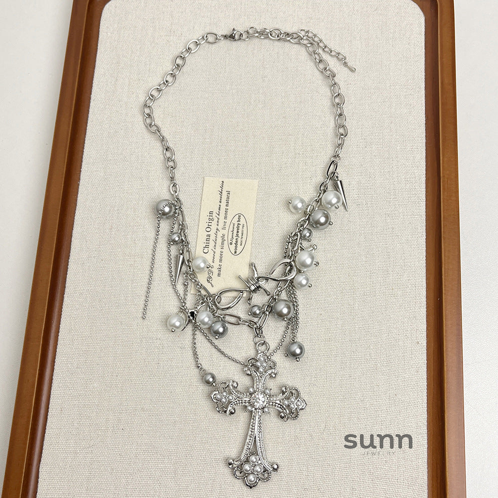 Jazlene Layered Cross Pearl Necklace [3NCQF8CK]
