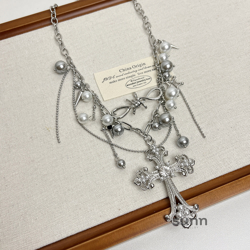 Jazlene Layered Cross Pearl Necklace [4YN91OMT]