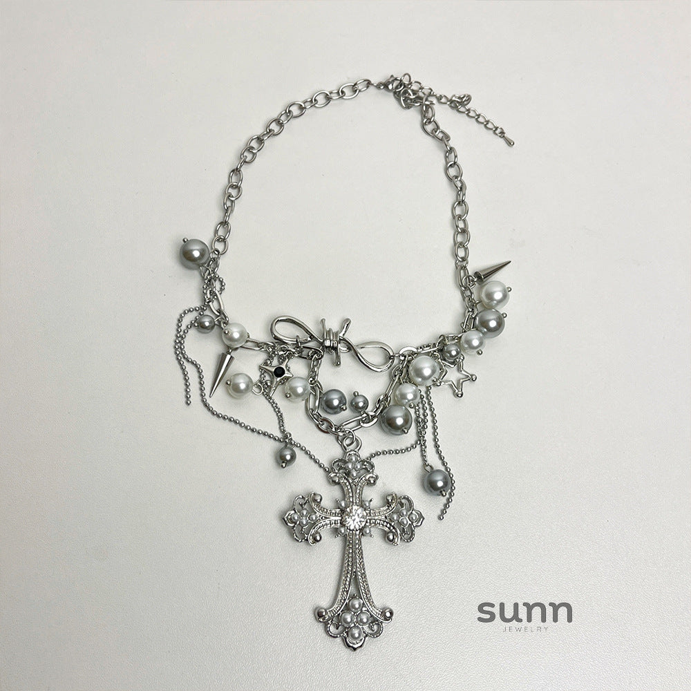 Jazlene Layered Cross Pearl Necklace [UHKJ2742]