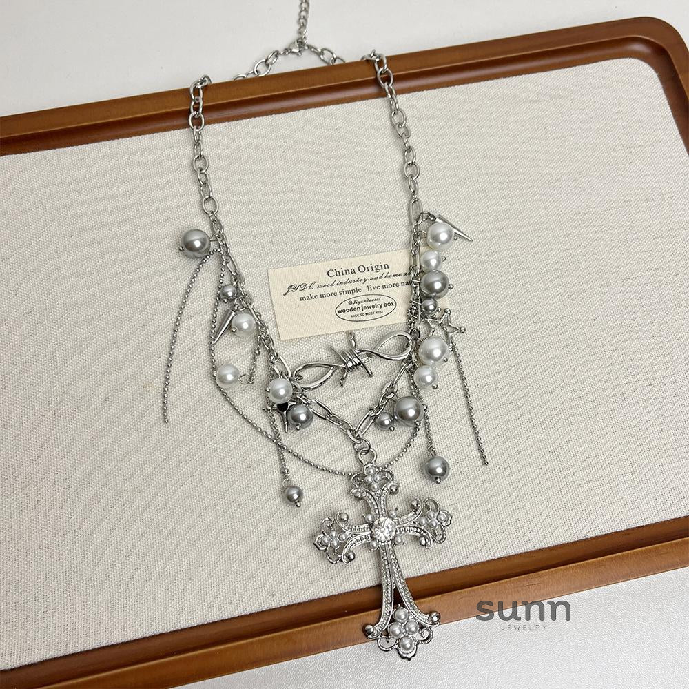 Jazlene Layered Cross Pearl Necklace [P8AU9DDV]