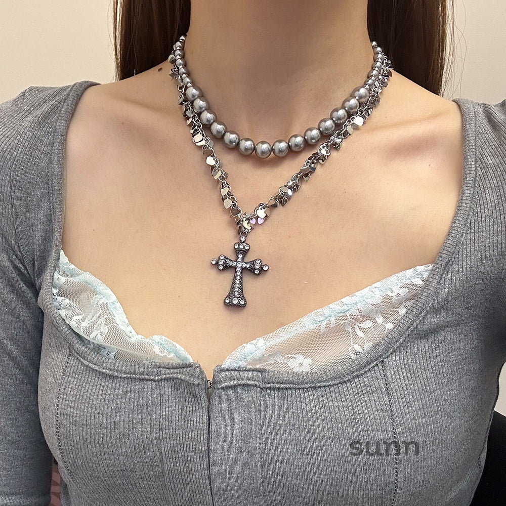 Jemima Layered Cross Pearl Necklace [AJBK0KLH]