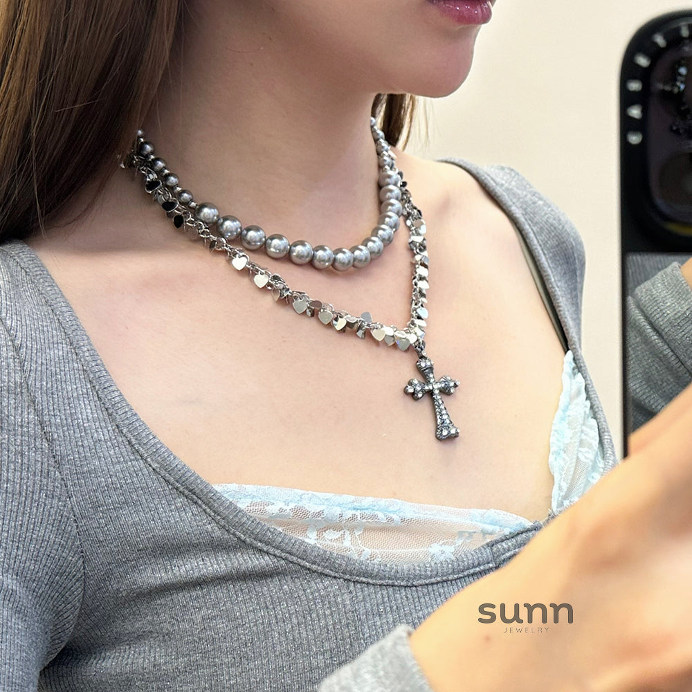 Jemima Layered Cross Pearl Necklace [HN12BHTW]