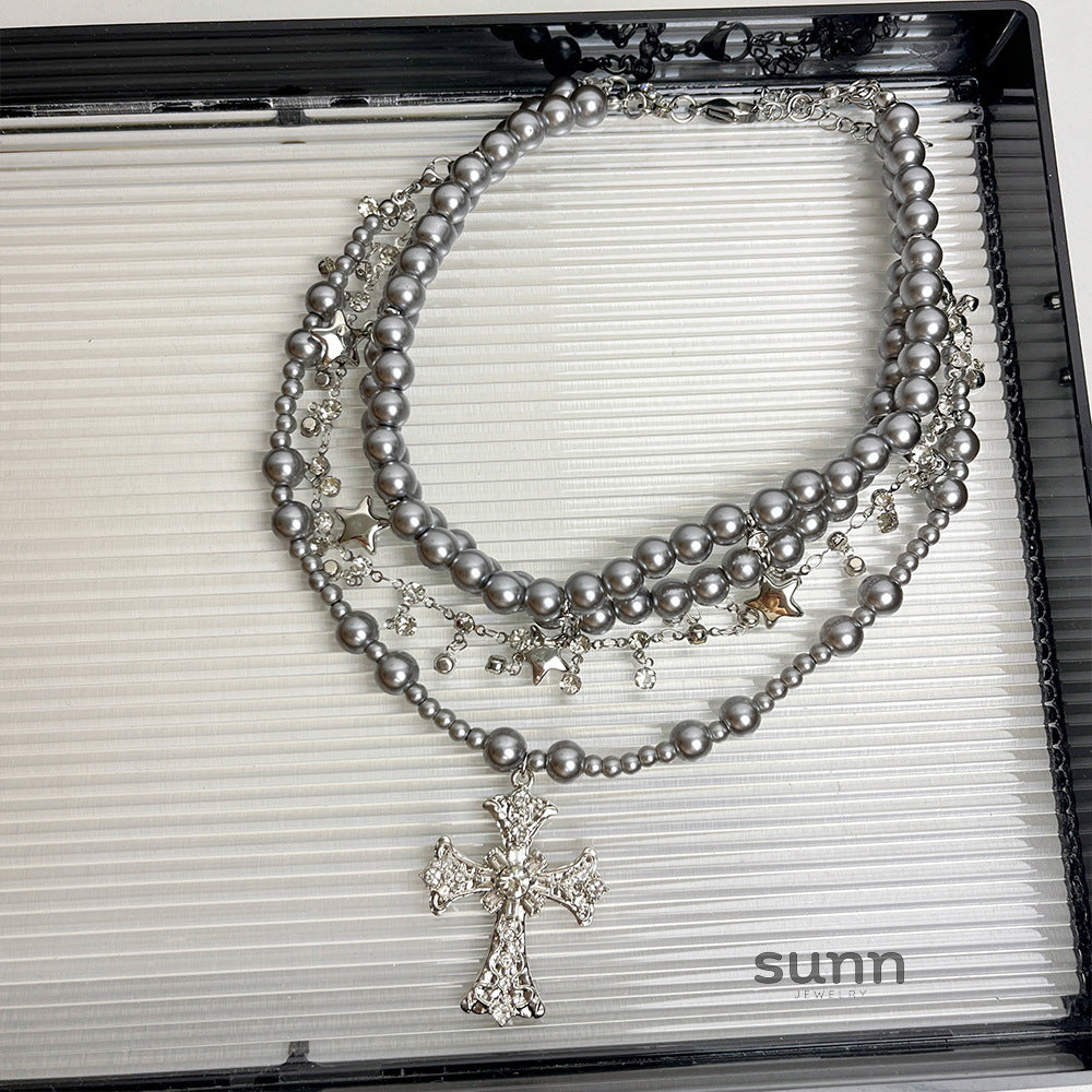 Joy Layered Pearl Cross Choker [K3U816TC]
