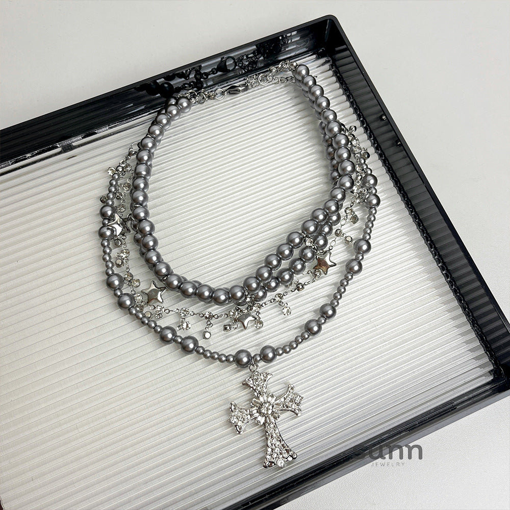 Joy Layered Pearl Cross Choker [DTOEUWL2]