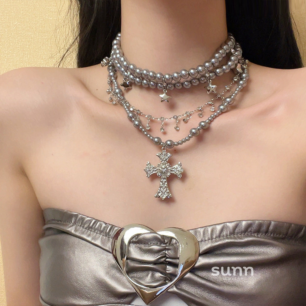 Joy Layered Pearl Cross Choker [VUVG4PEF]