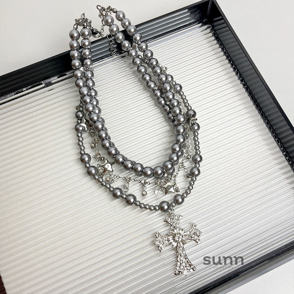 Joy Layered Pearl Cross Choker [VL4Z23FP]