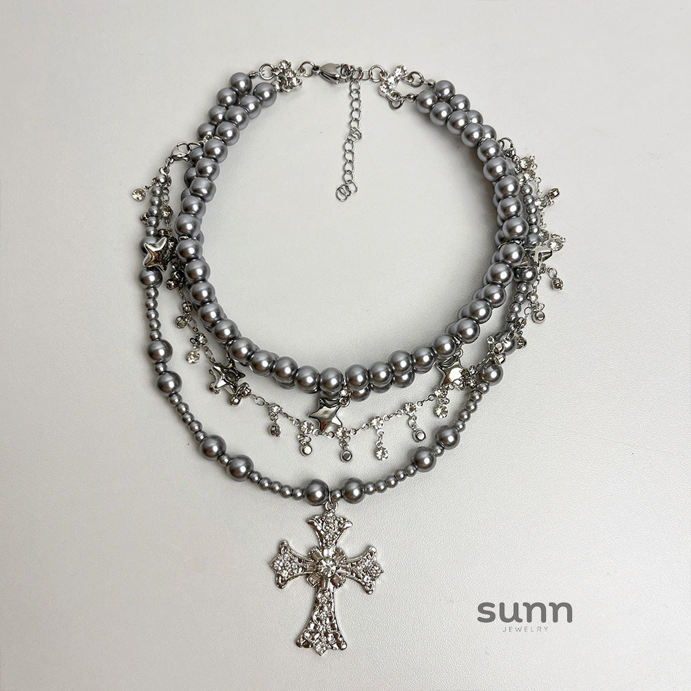 Joy Layered Pearl Cross Choker [4OKRCF98]