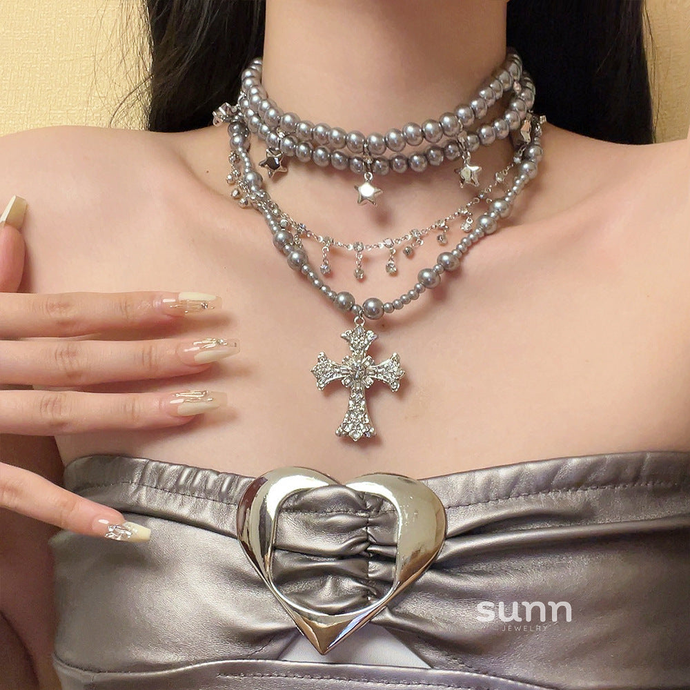 Joy Layered Pearl Cross Choker [1B1IXGJR]
