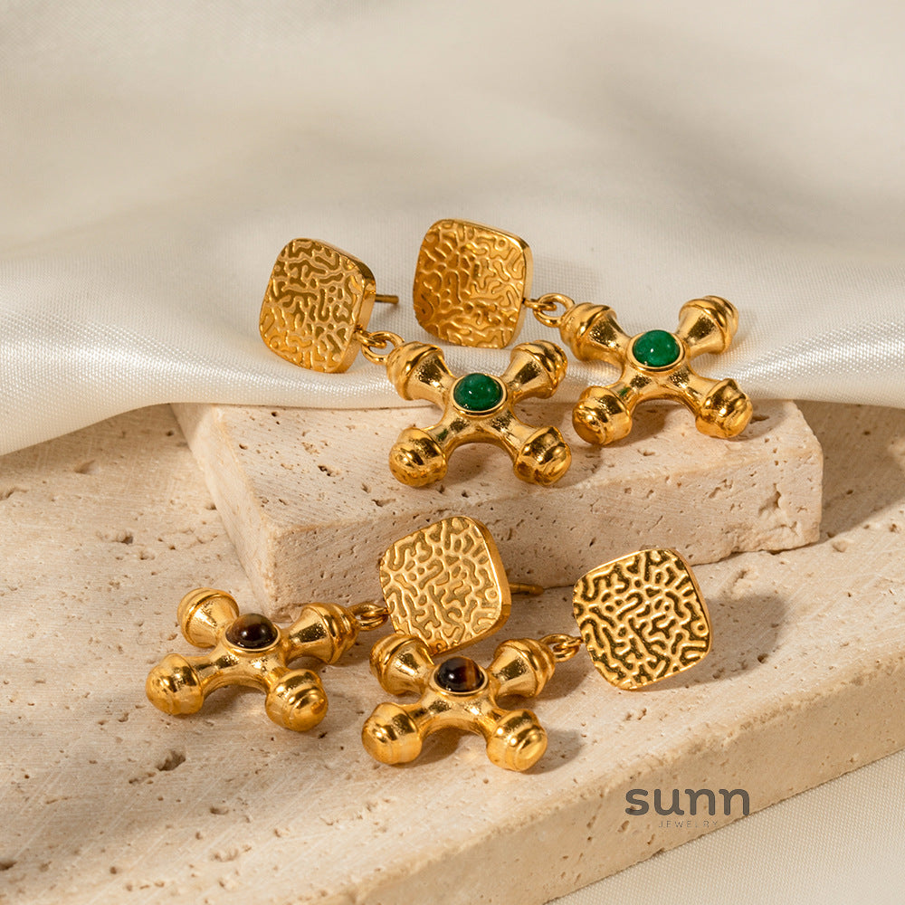 Kaelynn Gold Tiger Eye Cross Earrings [FK9FP052]