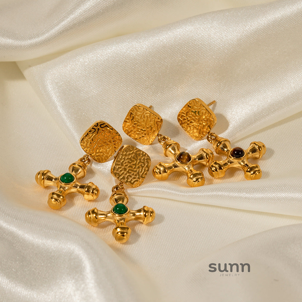 Kaelynn Gold Tiger Eye Cross Earrings [LZVXIHRZ]