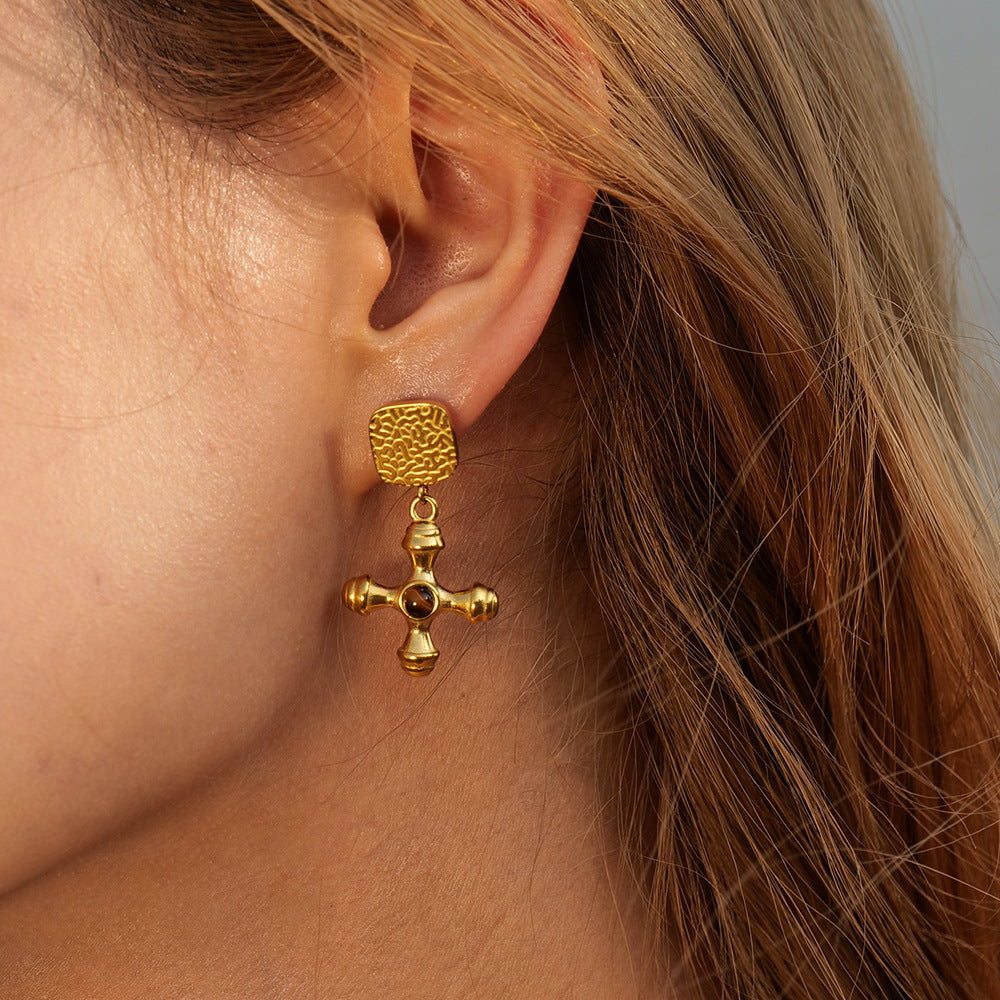 Kaelynn Gold Tiger Eye Cross Earrings [JXM4HD7W]