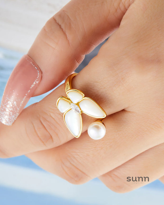 Kailyn Butterfly Pearl Open Ring [AGYAA43R]
