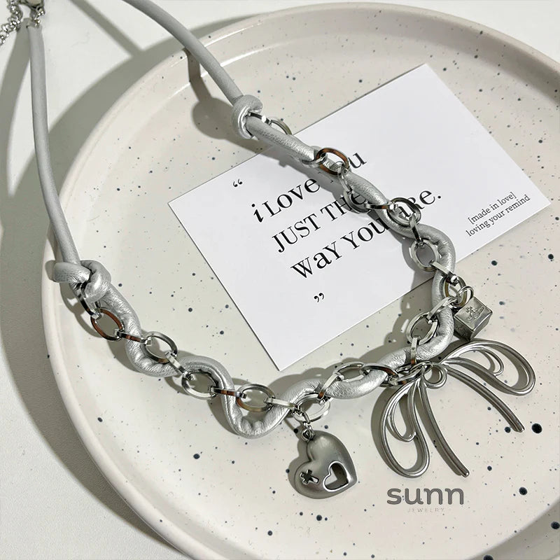 Kaliyah Leather Bow Heart Choker